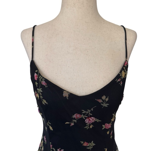 Vintage 90s Laundry Black Mesh Embroidered Beaded Floral Slip Bodycon Dress sz 4 - Picture 3 of 11